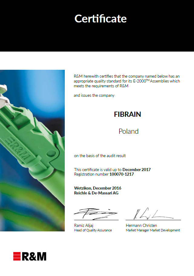 Certificates Fibrain Fiber Optic Cables Polish fiber optic cables
